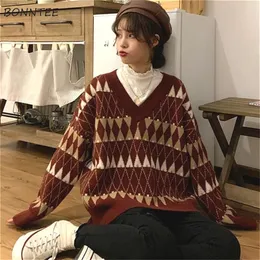 Kobiety Knits Tees Swetery Kobiety Vintage Argyle Korean All-Match Chic Chic V-Neck Ladies Pullovers Student Lazy Style Winter Womens Sweter 220914