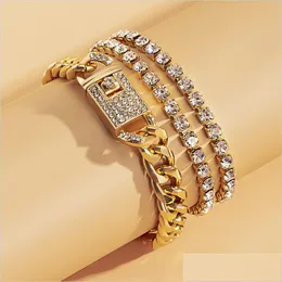 Anklety mrożone kubańską łańcuch Bransoletka Sier Gold Mtilayer Crystal Tennis Foot Bracelets for Women Summer Fashion Biżuteria 815 Z2 DH72W