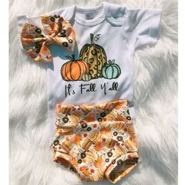 Clothing Sets FOCUSNORM 3Pcs Baby Girls Halloween Clothes 018M PumpkinLetter Print Short Sleeve Romper Shorts Headband 220915