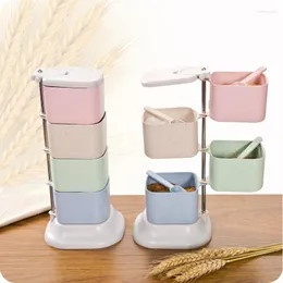 Storage Bottles 4-layer Spice Jar Straw Rotating With Spoon Box Pepper Spices Tower Herbs Tools Seasoning Kitchen Jars