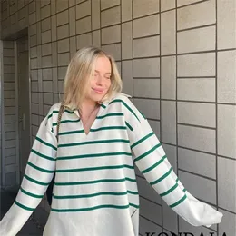 Maglieria da donna T-KONDALA Vintage verde a righe lavorato a maglia oversize maglioni lunghi da donna scollo a V casual pullover allentati femminile elegante top 220915
