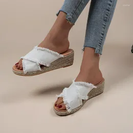 Dress Shoes Summer Sandals Women's Cotton Linen Wedge Heel Platform Slippers High-Heeled Ladies Comfortable Large Size
