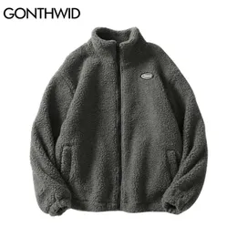 Männer Jacken GONTHWID Harajuku Streetwear Fleece Einfarbig Casual Lose Voll Zipper Mäntel Hip Hop Winter Mode Warme Tops 220915