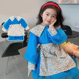 소녀 드레스 Mila Chou 2022 Spring Baby Girls Floral Lapel Princess Dress Children Pastoral Style Long-Sleeve Apron 어린이 옷 2-8y