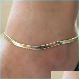 Fußkettchen Fußkettchen Drop Lieferung Silber/Vergoldet Verstellbare Flache Schlange Fußkettchen Armband Frauen Einfache Zarte Fußkette Sommer Strand Dhqg8