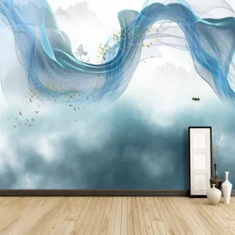 Wallpapers Custom 3D Mural Oriental Style Wall Paper Abstract Blue Smoke Wallpaper For Living Room Home Improvement Painting Fresco