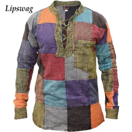 Men's Polos Vintage Color Block Patchwork Camisetas de manga longa para homens Casual Stand Stand Tops Autumn Mens Harajuku Streetwear 220915