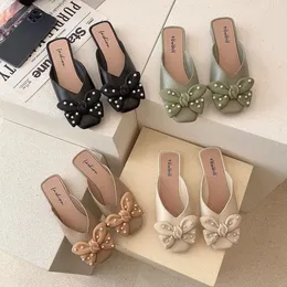 Kapcia Mr Co Square Bowknot Lady Half Forest Forest Retro Pearl Spring All-Match Fashion Muller Buty damskie