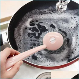 Cleaning Brushes Cleaning Brush Metal Mesh Steel Wool Ball Long Handle Brushes Dishes Pots Kitchen Hanging Strong Drop Delivery 2021 Dhfmm