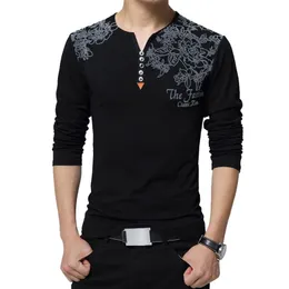 Men's TShirts Autumn Fashion Floral Print Tshirt Henry Collar Button Decorate Long Sleeve for Tops Plus Size 5XL 220915