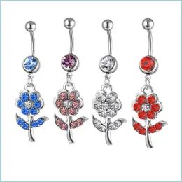 Navelklockknappringar D0597 4 Färger Flower Ring Belly Style Button Navel Rings Body Piercing Jewelry Dingle Accessories Fashion C Dhjam