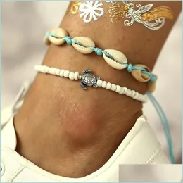 Fußkettchen Fußkettchen Handgemacht Damen Kreativ Retro Vergoldet Perlen Fußkette Armband Muschel Sommer Strand Schildkröte Push-Pl Set 2 Stück 5 Dhn73