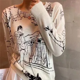 Women's Knits Tees Refined Imitation Wool Knit T-Shirt Women's Long Sleeve Top Graffiti Digital Jacquard Pullover Ladies Sweater Summer Thin 220915