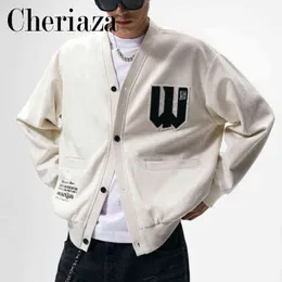 Giacche da uomo Cheriaza Autunno Inverno Uomo American Retro Giacca da baseball in finta pelle scamosciata Casual Maniche lunghe Grinding Bianco Semplice Cardigan Cappotto T220914