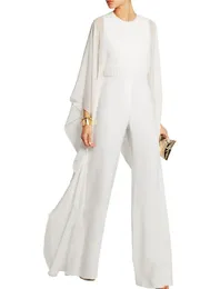 Elegant Chiffon Mother of the Bride Pants Suits Empire Waist Women Jumpsuits Wedding Guest Formal Evening Dress Jewel Neck Long Sleeve White Black Prom Wear 2022