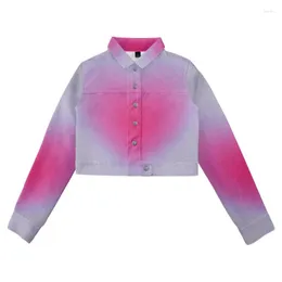 Jackets femininos 2022 Spring e Summer Gradient Love Denim Jacket Feminino de tamanho grande de moda sólida Louse de lapela de todos os jogos All-Match