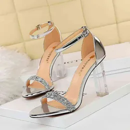 322-2 Sandals Wind Sexy Nightclub Summer High Heels Transparent Ultra Sequin Rhinestone One-sided Belt Sandals