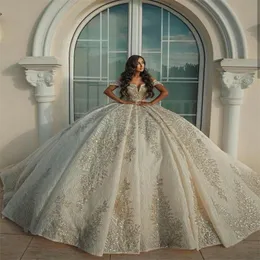 2022 Balklänning Bröllopsklänningar Illusion Off Shoulder Lyx Dubai Arabia Paljetter Plus Size Spets Applikationer Kristallpärlor Bröllopsfestklänningar Robe De Marriage