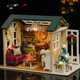 Andra evenemangsfestleveranser DIY Christmas Miniature Dollhouse Kit Realistic Mini 3D Wood House Room Craft With Furniture LED -lampor Juldekoration 220916