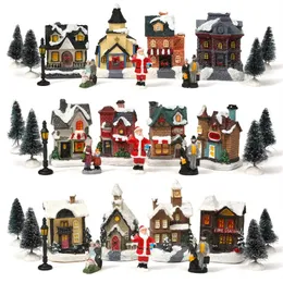 Decorazioni natalizie Ville natalizie con luci 10 pezzi Casa sulla neve Case in resina di Babbo Natale Regalo dell'anno Ornamenti per le vacanze del villaggio di Natale 220916