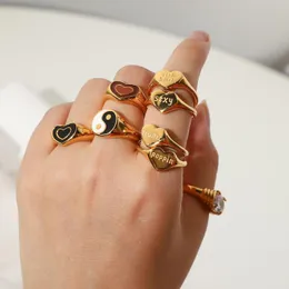 Cluster Rings Fashion Word Sculpture Stainless Steel For Women 18K Gold Plated Heart Shape Zircon Elegant Fine Jewelry