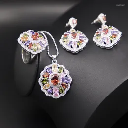 Necklace Earrings Set Shiny CZ Luxury Court Design Multi Color 925 Stamp Silver Jewelry Ring Wedding/Anniversary Gift