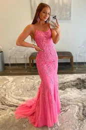 Pink Mermaid Spaghetti Strap Lace aftonklänningar Applices Tulle Backless Sweep Train Prom Bowns