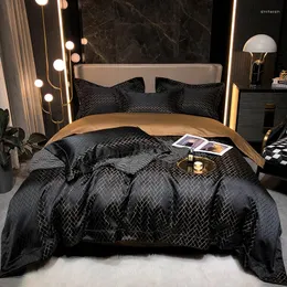 Bedding Sets Luxury Black Gold Yarndyed Jacquard Egyptian Cotton Set Satin Silky Duvet Cover Flat/Fitted Sheet Pillowcases 4Pcs