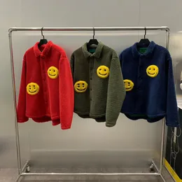 Men's Jackets Yellow Smiley Lamb Fleece Loose Lapel Jacket Jacket Dark Blue Army Green Red three colors