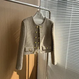 Women's Wool Blends Runway Tweed Fashion Women's Small Fragrance Gold Double Breasted Wool Coat Brand Luxury Woolen Jacket Casaco Outwear Top 220916