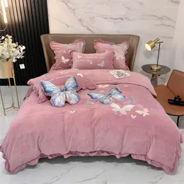 Bedding Sets Super Soft 210g Coral Fleece Warm Cozy Butterfly Embroidery Set Velvet Duvet Cover Quilt Comforter Bed Linen