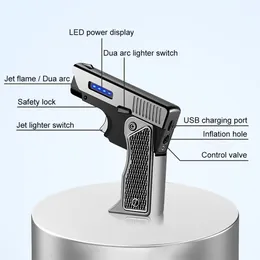 Unik lättare vindtät gaselektrisk plasma USB-laddningsbara tändare gåva för män fällande pistol butan fackla turbo jet flame cigarr lättare bästa kvalitet