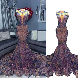 2022 Bling Lila Ballkleider Sexy Meerjungfrau Jewel Neck Illusion Sparkly Pailletten Spitze Ärmellose Pailletten Formelles Partykleid Plus Size Abendkleider Schwarze Mädchen