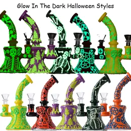 Mini narghilè in stile Halloween che si illuminano al buio 6 pollici Design unico Bong in vetro Occhio Denti Soffione Perc Oil Rigs Dab Rig 4mm di spessore con ciotola