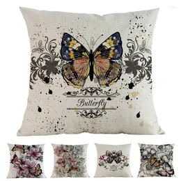 枕カラフルな蝶と花ベクター幾何学的パターンリネンコットンケースホームソファ装飾カバー45x45cm