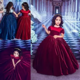 Burgundy Velvet Princess Flower Girls' Dresses 2023 Jewel Neck Short Sleeves Birthday Party Gowns Pageant Dress B0916