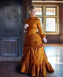 Victorian Dupioni Bustle Evening Dresses 1920s Long Sleeves 바닥 길이 Taffeta High Collar Women 형식 무도회 파티 가운 주름 고딕 양식가 가장 무도회 드레스