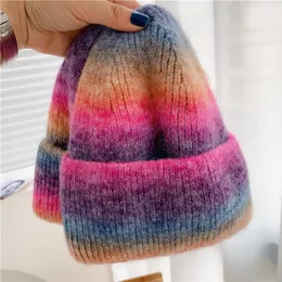 Beanieskull Caps ins Rainbow Winter Knitting Beanies Hatts For Women Warm Rabbit Furn Hat Female Korea Gradient Tie Dye Randed Ski Hat 220916