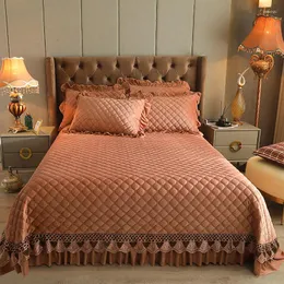 Bed Skirt Luxury Solid Color Crystal Velvet Quilted Lace Ruffles Bedspread Mattress Cover Pillowcases Nordic Size Bedding Set