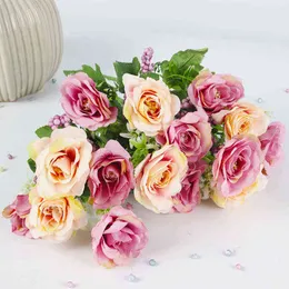 Finto verde floreale Fiore rosa Bellissimo fiore artificiale rosa Ortensia Seta bouquet finto per matrimonio in famiglia J220906