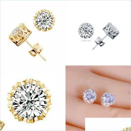 스터드 밴드 New Gold Crown Men Stud Earring 925 Sterling Sier CZ 시뮬레이션 다이아몬드 약혼 Beautif Women Wedding Crystal Ear 54 M2 DR DHIK9