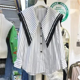 Bluzki damskie Superaen Sailor Collar Shirt Korean Style Europe 2022 Autumn Słodki luźne kobiety w paski z długim rękawem