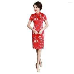Etniska kläder Shanghai berättelse kort ärm blommig qipao knä längd cheongsam klänning kinesiska orientaliska klänningar för kvinnor