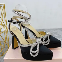 Slingbacks Dress Shoes MACH women Sandals Bowtie crystal Rhinestone Luxury Designer Satin 11.5CM high heeled Wedding Party Sandal platform