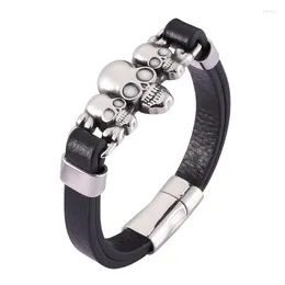 Charm Bracelets Punk Men Rock Accessorie Stainless Steel Leather Skull Skeleton Black Bracelet Handmade Magnet Clasp Jewelry BB476