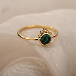 Cluster-Ringe Vintage Opal für Frauen Edelstahl Krone Grüner Mondstein Ring Zubehör Schmuck Geschenk Freundin Mama BijouxCluster