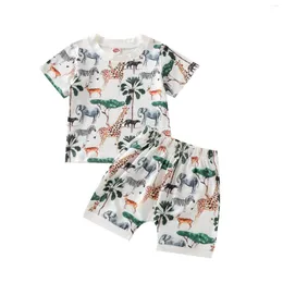 Kläder sätter barn pojkar casual kläder 2 st tecknad djurtryck o-hals kort ärm/ärmlösa t-shirts toppar shorts set