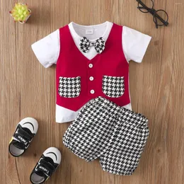 Set di abbigliamento Estate Bambino Neonati maschi Vestiti Monopetto Fiocco Top Pantaloncini pied de poule Piccolo gentiluomo Battesimo Abiti Completo