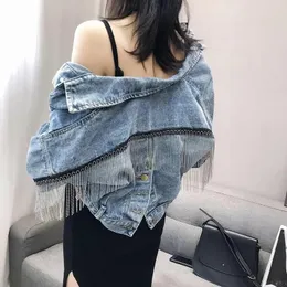 Kvinnorjackor fransade denimjacka Kvinnor Spring Autumn Korean Style Split Loose Bat Sleeve Tassels Jeans Shorts 2022 Femme Coat