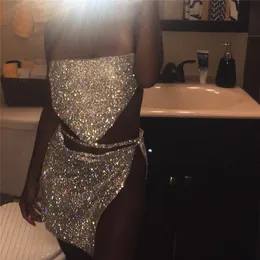 Sexy Women Silver Sequined Tanks Crystal Diamonds Party Club Metal Strapless Rhinestone Summer Crop Tops
